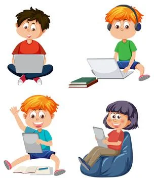 Set of kids using tablet and laptop 스톡 일러스트
