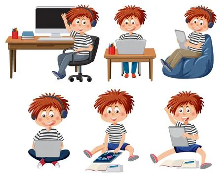 Set of kids using tablet and laptop 스톡 일러스트