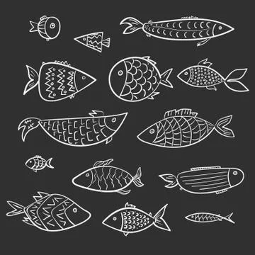 Set of kids white cartoon vector outline fishes Stock Illustration