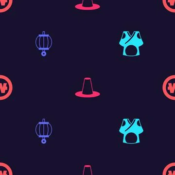 Set Kimono, Korean lantern, hat and South won coin on seamless pattern. Vector Stock Illustration