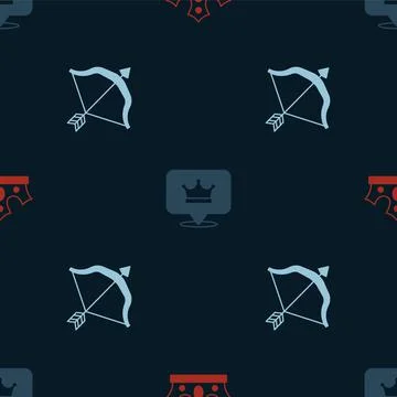 Set King crown, and Medieval bow and arrow on seamless pattern. Vector Stock Illustration