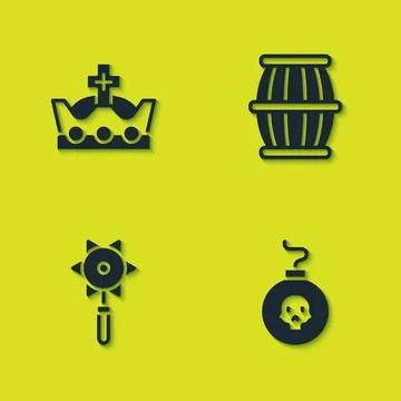 Set King crown, Bomb ready to explode, Medieval chained mace ball and Gun pow Stock Illustration