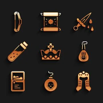Set King crown, Bomb ready to explode, Medieval helmet, Lute, Card game col.. 스톡 일러스트