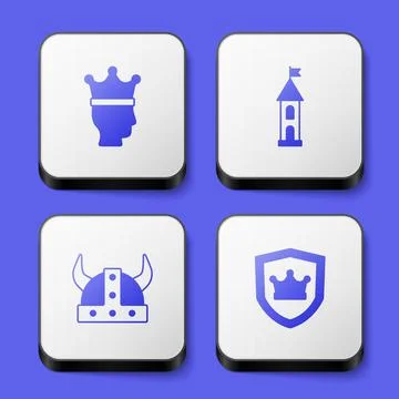 Set King crown, Castle tower, Viking horned helmet and Shield with icon. White Ilustración de archivo