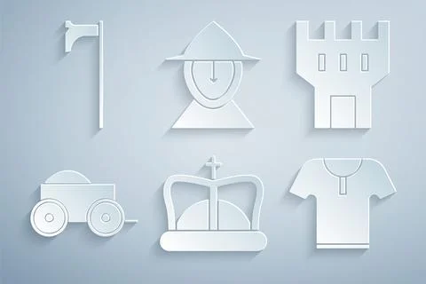 Set King crown, Castle tower, Wooden four-wheel cart, Body armor, Medieval .. Ilustración de archivo