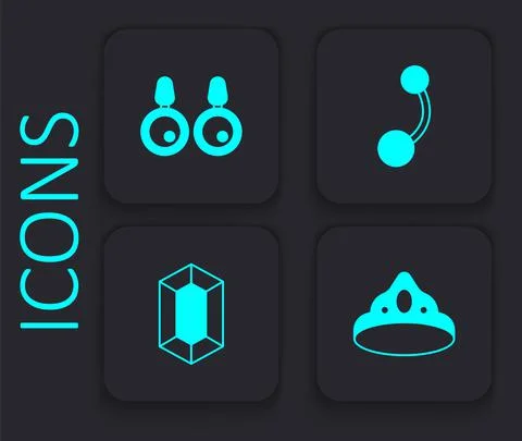 Set King crown, Earrings, Piercing and Gem stone icon. Black square button イラスト素材