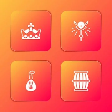 Set King crown, Magic staff, Lute and Gun powder barrel icon. Vector Stock Illustration