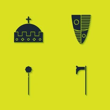 Set King crown, Medieval axe, chained mace ball and Shield icon. Vector Stock Illustration