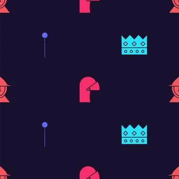 Set King crown, Medieval chained mace ball, iron helmet and on seamless pattern Illustrazione stock