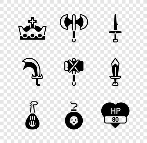 Set King crown, Medieval poleaxe, Dagger, Lute, Bomb ready to explode, Video Illustrazione stock