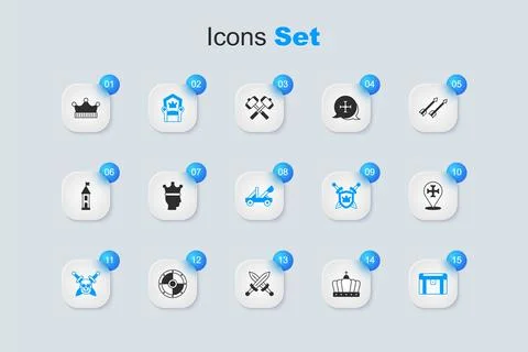 Set King crown, Medieval throne, Skull with sword, Antique treasure chest, .. Illustrazione stock