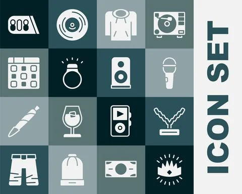 Set King crown, Rapper chain, Microphone, Hoodie, Diamond ring, Drum machine Stock Illustration