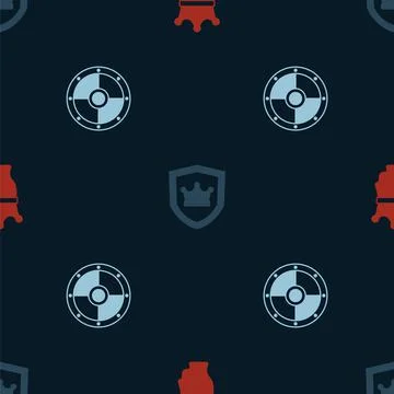 Set King crown, Shield with and Round shield on seamless pattern. Vector イラスト素材