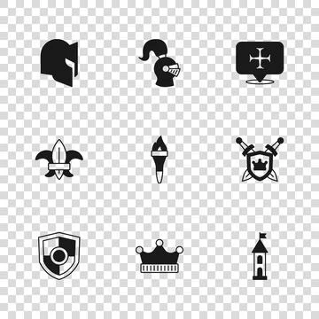 Set King crown, Shield with swords, Castle tower, Torch flame, Crusade, Med.. Stock Illustration