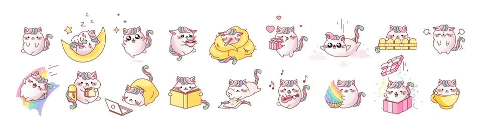 Set kit Cat Kitty kitten kawaii chibi Emoji character sticker emoticon smile Stock Illustration
