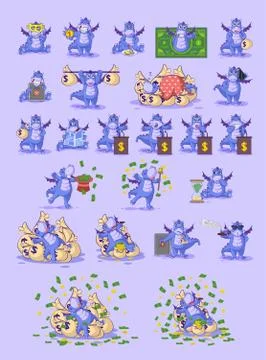 Set kit collection dragon sticker emoticon Stock Illustration
