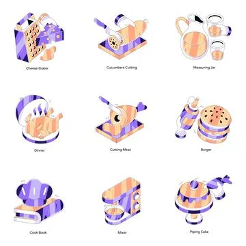 Set of Kitchen Accessories and Cooking Isometric Illustrations Stock Illustration