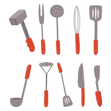 Set of kitchen accessories, Spatula, Skimmer, Ladle, Potato masher and Doub.. Stock Illustration