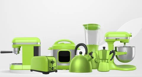 Set of kitchen appliances and utensils floating in mid-air over podium and .. Ilustração Stock
