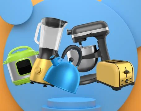 Set of kitchen appliances and utensils floating in mid-air over podium and .. Ilustração Stock