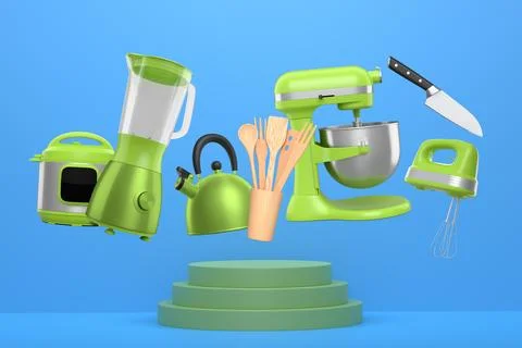 Set of kitchen appliances and utensils floating in mid-air over podium and ab Ilustração Stock