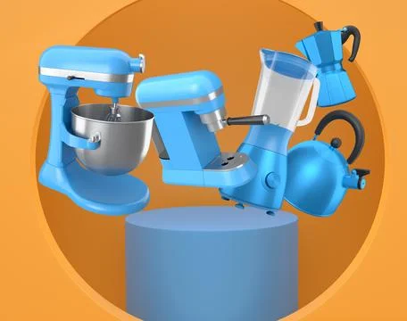 Set of kitchen appliances and utensils floating in mid-air over podium and ab Stock Illustration