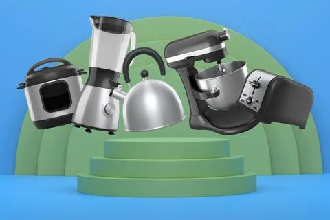 Set of kitchen appliances and utensils floating in mid-air over podium and ab Stock Illustration