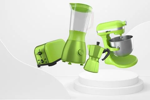 Set of kitchen appliances and utensils floating in mid-air over podium and .. Ilustração Stock
