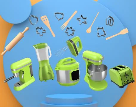 Set of kitchen appliances with baking tools and cookie cutters floating ove.. Stock Illustration