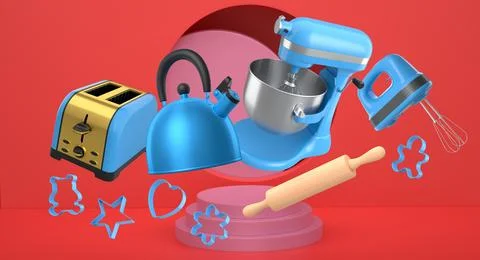 Set of kitchen appliances with baking tools and cookie cutters floating over Ilustração Stock