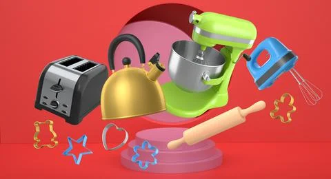 Set of kitchen appliances with baking tools and cookie cutters floating over Ilustração Stock