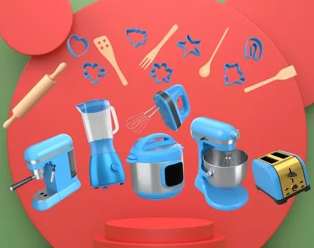 Set of kitchen appliances with baking tools and cookie cutters floating ove.. Stock Illustration