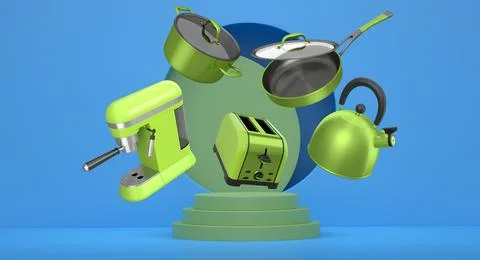 Set of kitchen appliances floating in mid-air above pedestal, shown on a mi.. Ilustração Stock