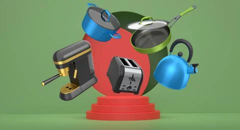 Set of kitchen appliances floating in mid-air above pedestal, shown on a mi.. Ilustração Stock