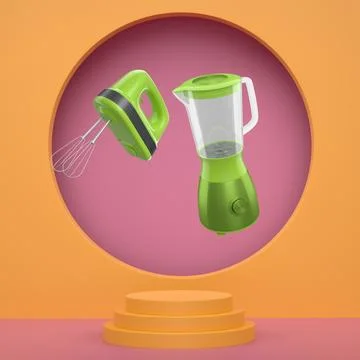 Set of kitchen appliances including blender and hand mixer, floating over pod Ilustración de archivo
