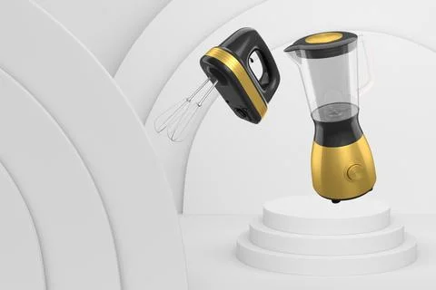 Set of kitchen appliances including blender and hand mixer, floating over podium Ilustração Stock