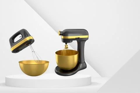 Set of kitchen appliances including blender and hand mixer, floating over p.. Ilustração Stock