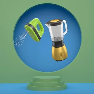 Set of kitchen appliances including blender and hand mixer, floating over p.. Ilustração Stock