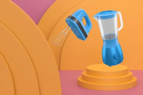Set of kitchen appliances including blender and hand mixer, floating over p.. Ilustração Stock