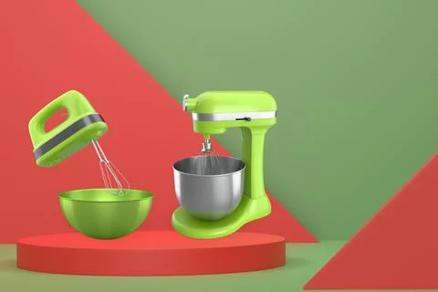 Set of kitchen appliances including blender and hand mixer, floating over pod Stock Illustration