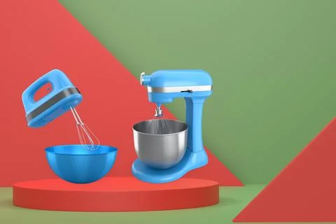 Set of kitchen appliances including blender and hand mixer, floating over p.. Stock Illustration