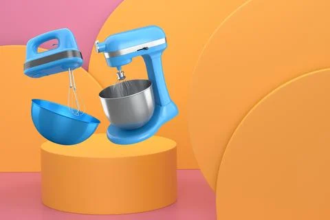 Set of kitchen appliances including blender and hand mixer, floating over p.. Stock Illustration