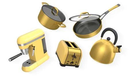 Set of kitchen appliances including coffee machine, toaster, kettle, pot, a.. Stock Illustration