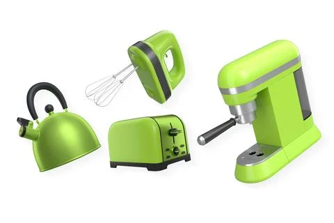 Set of kitchen appliances including kettle, toaster, mixer, and espresso ma.. Stock Illustration