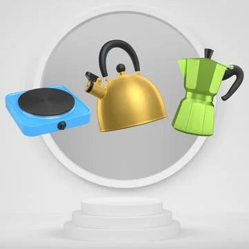 Set of kitchen appliances including kettle, stove, and coffee maker floating  Stock Illustration
