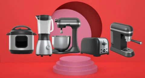 Set of kitchen appliances including mixer, toaster, blender, and coffee maker on Stock Illustration