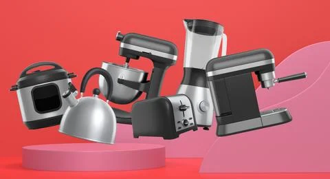Set of kitchen appliances including mixer, toaster, blender, and coffee maker on Stock Illustration