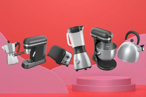 Set of kitchen appliances including mixer, toaster, blender, and coffee mak.. Stock Illustration