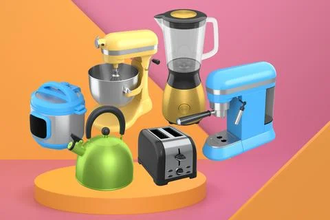 Set of kitchen appliances including mixer, toaster, blender, and coffee maker Stock Illustration