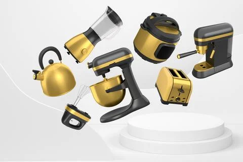 Set of kitchen appliances including mixer, toaster, blender, and coffee maker Stock Illustration